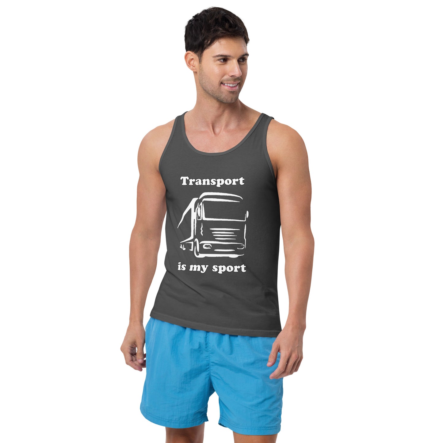 Man with grey tank top with picture of truck and text "Transport is my sport"