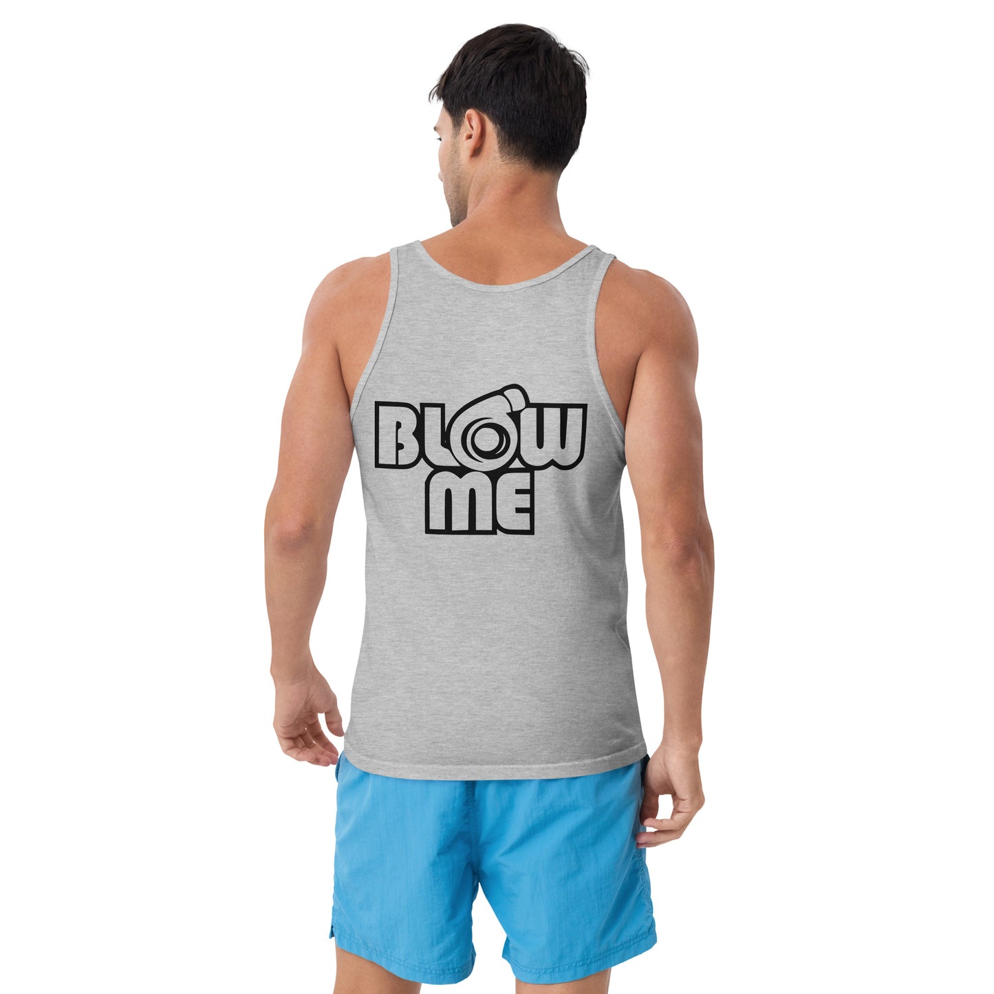 Men with athletic grey tank top with the tekst Blow me, turbo compressor on the back