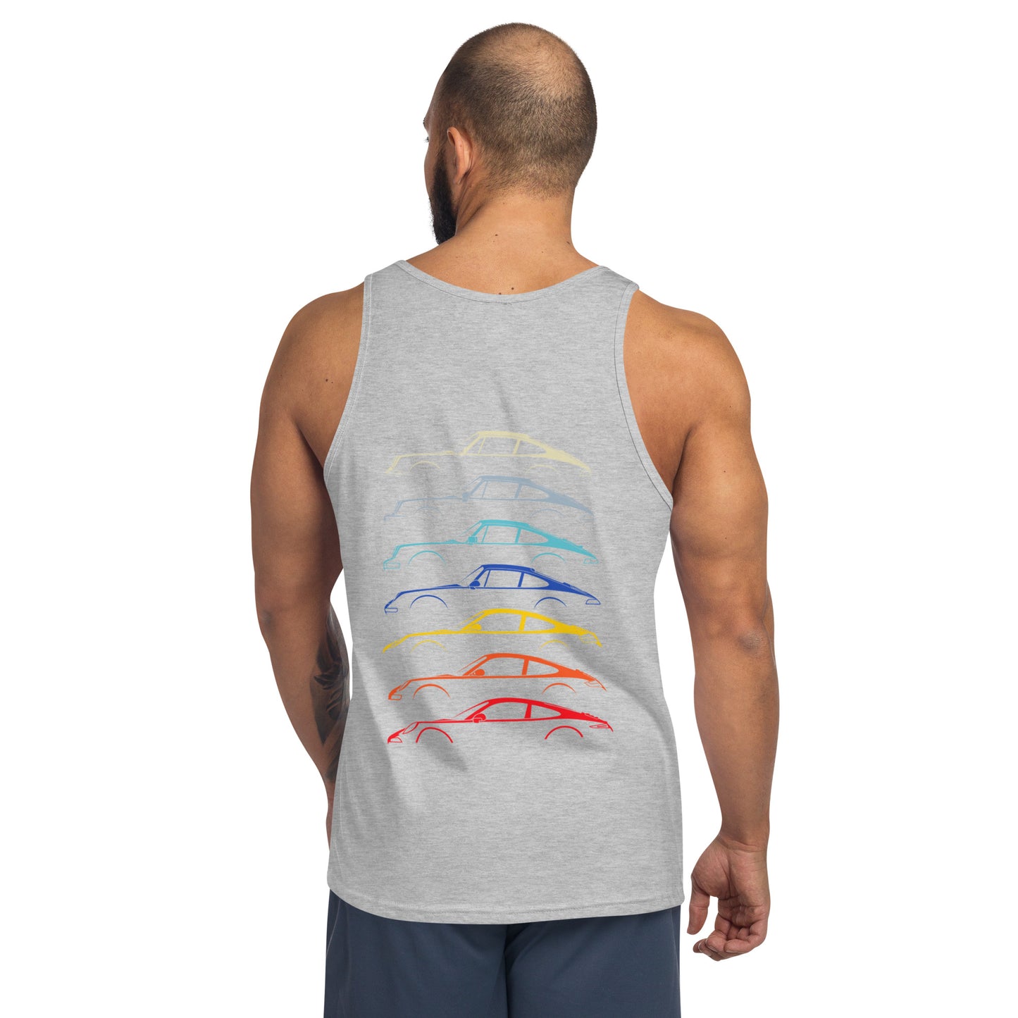 Athletic grey tank top with car silouttes on the back