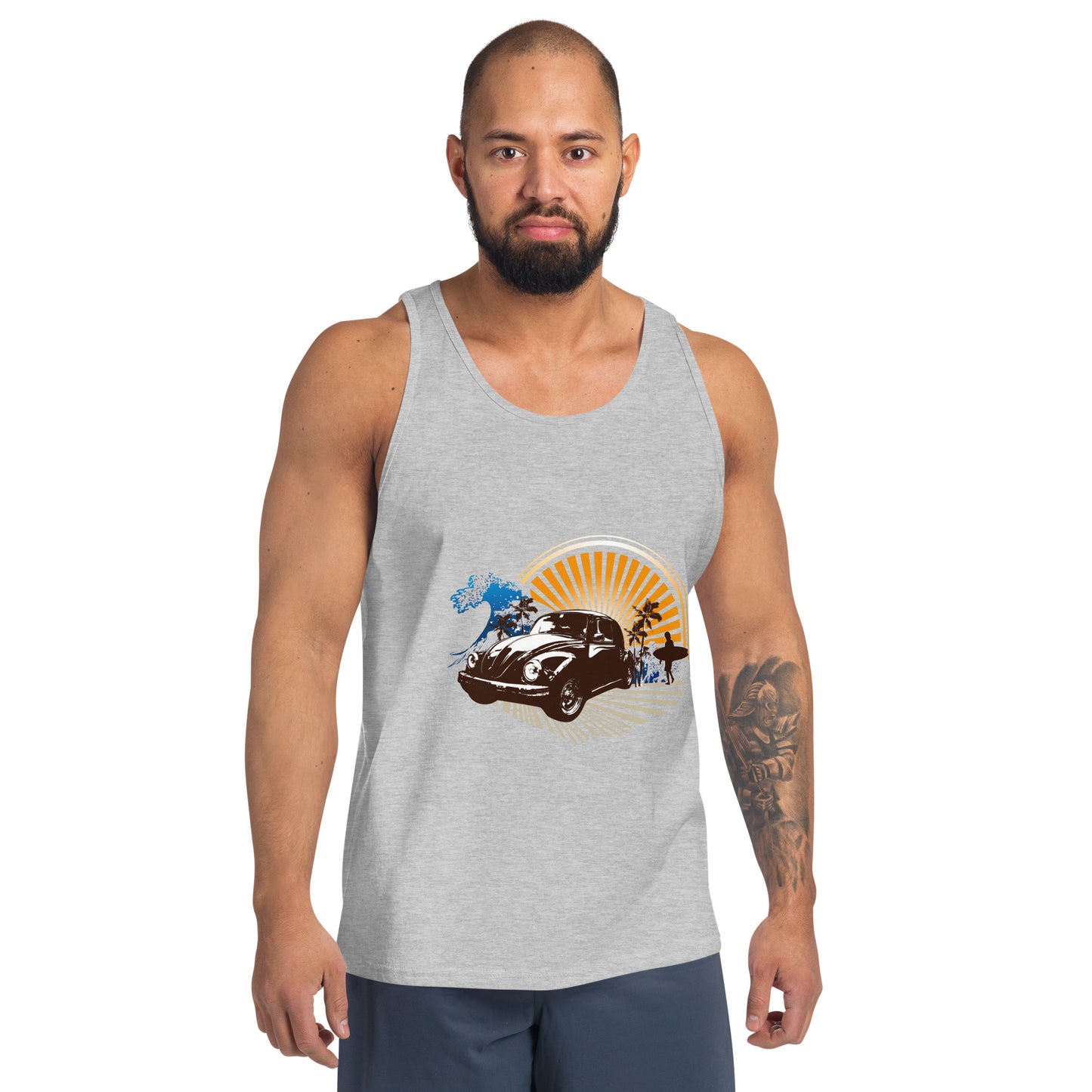 Men with grey tank top with sunset and beetle car