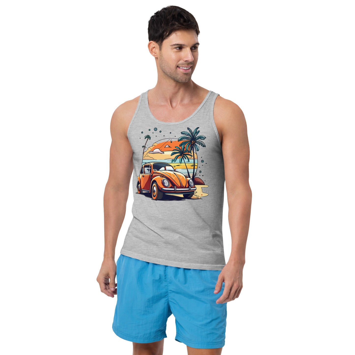 man with grey tank top with picture of beetle car in front of palm trees 