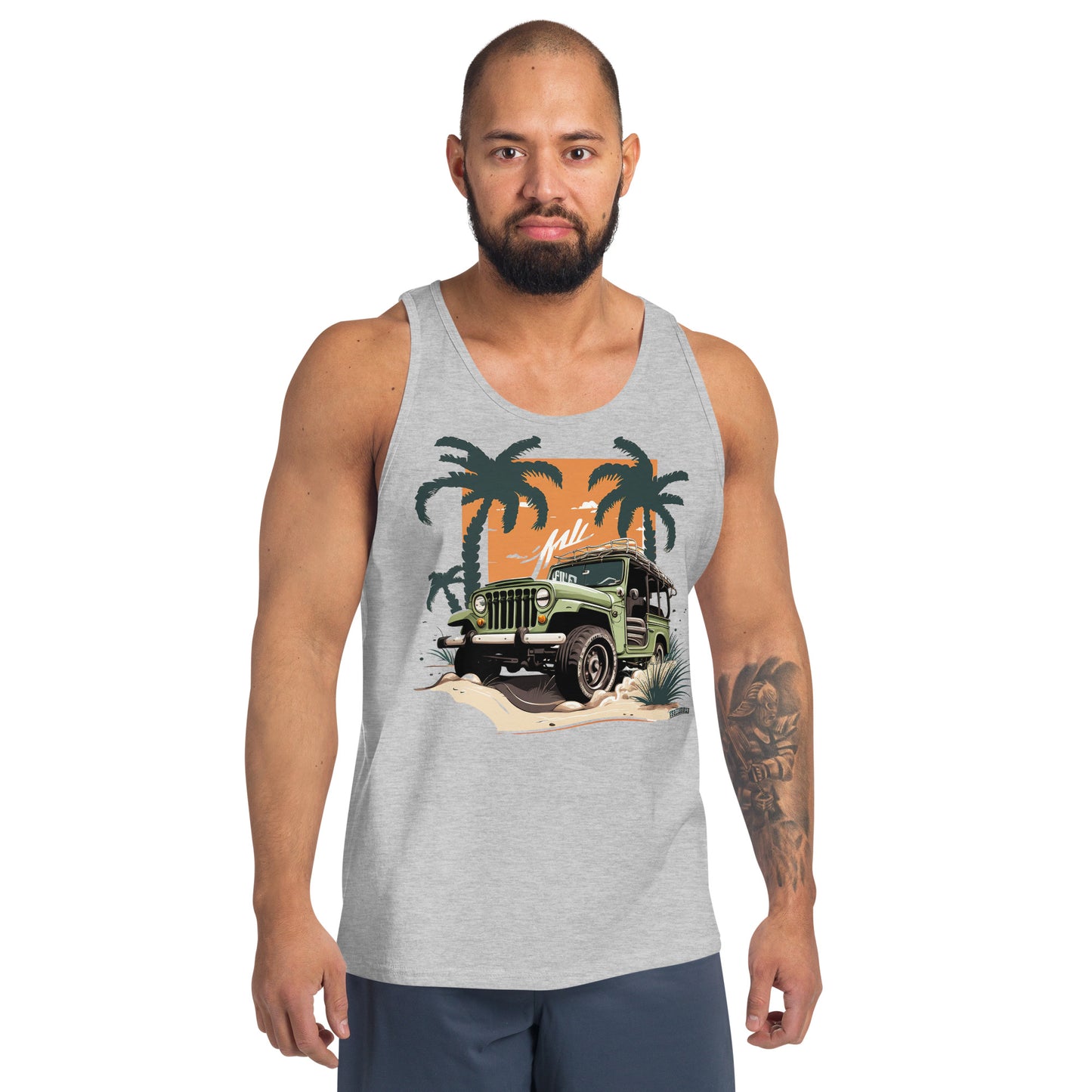 man with grey tank top with picture of jeep in front of palm trees