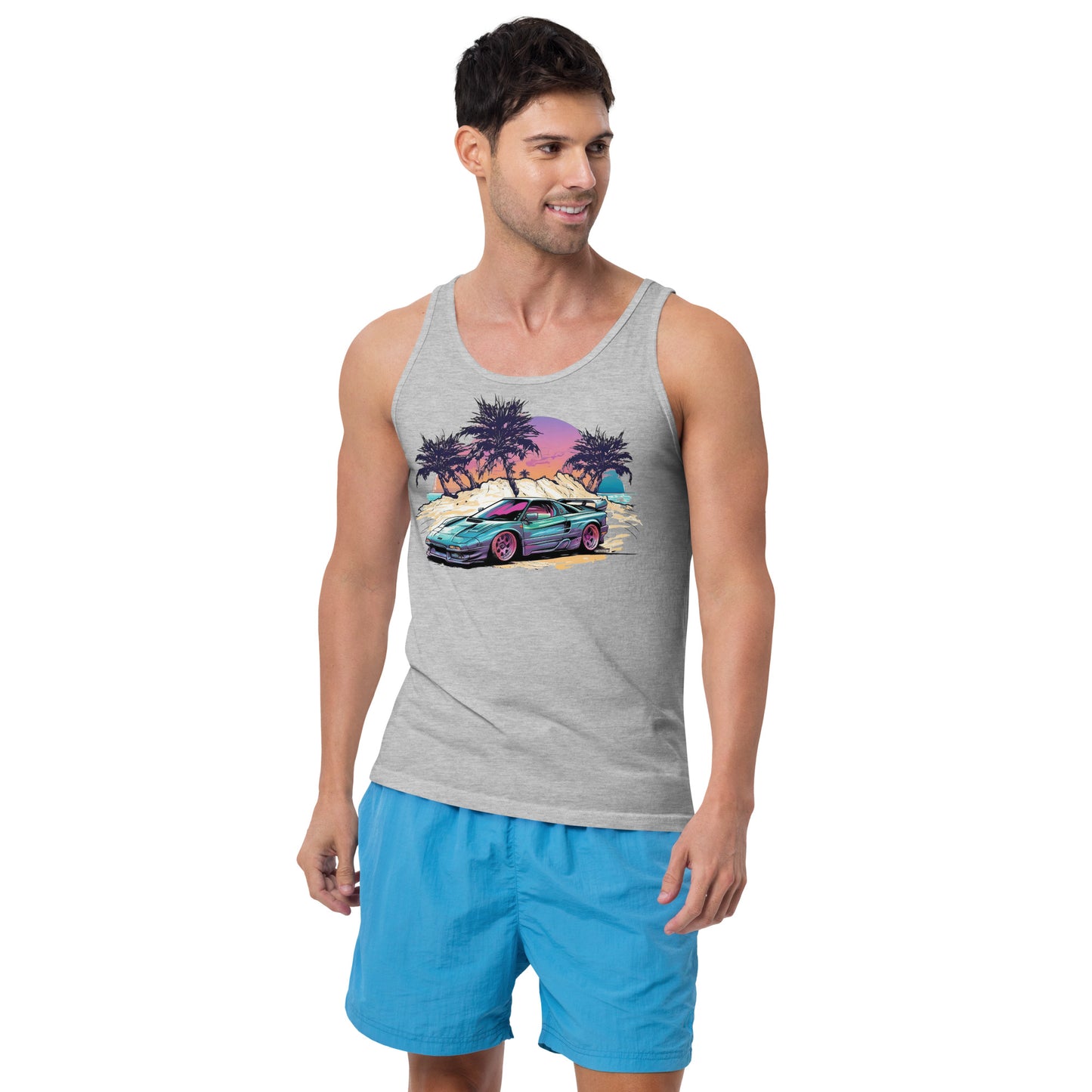 man with grey tank top with picture of vintage car in front of palm trees 