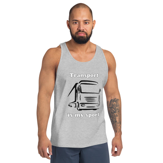 Man with grey tank top with picture of truck and text "Transport is my sport"