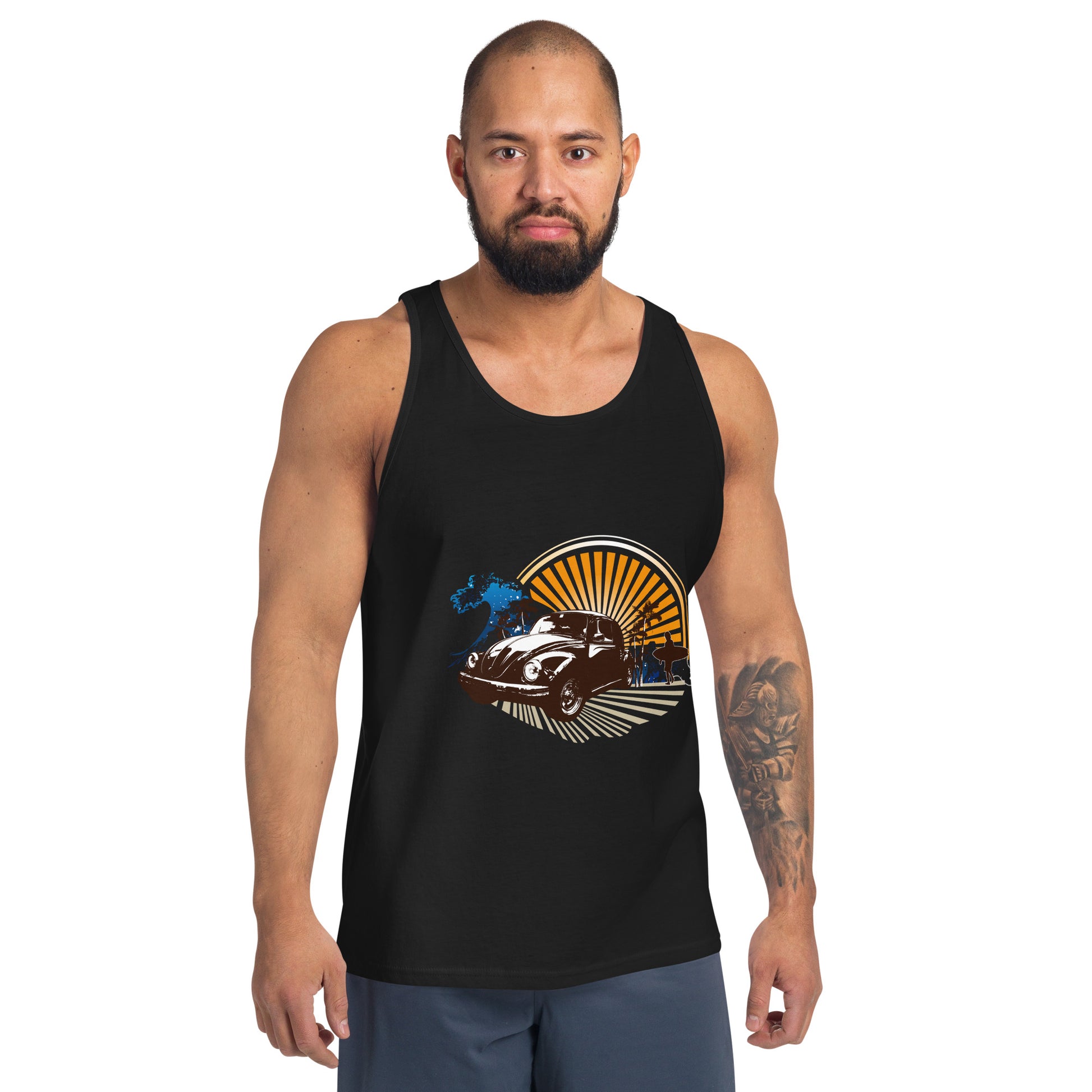 Men with black tank top with sunset and beetle car