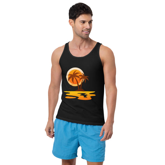 Men with black tank top with sunset and palm trees