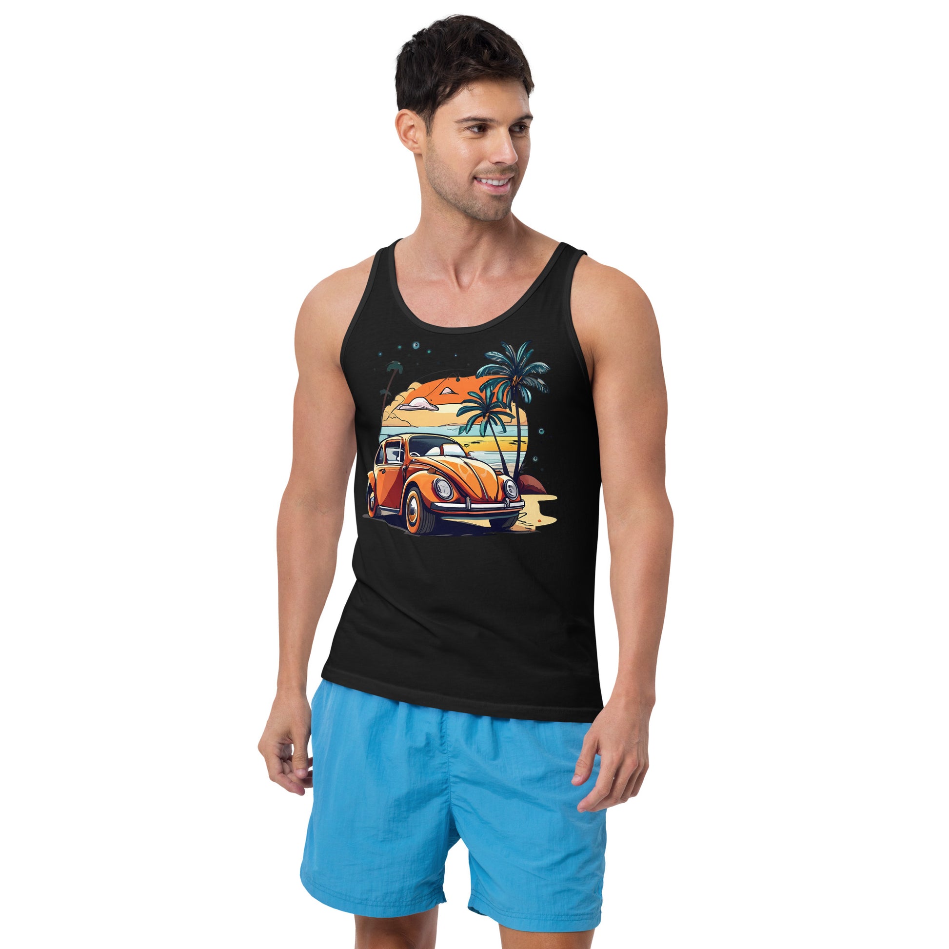 man with black tank top with picture of beetle car in front of palm trees 