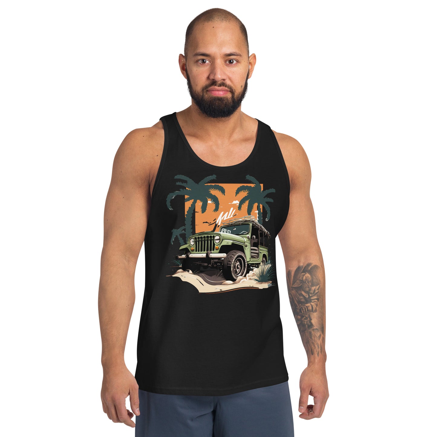 man with black tank top with picture of jeep in front of palm trees