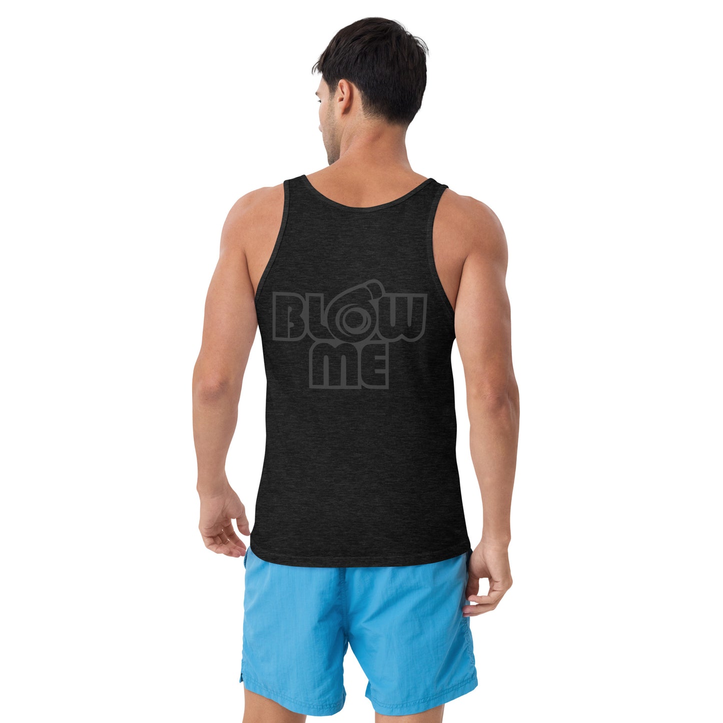 Men with charcoal black tank top with the tekst Blow me, turbo compressor on the back