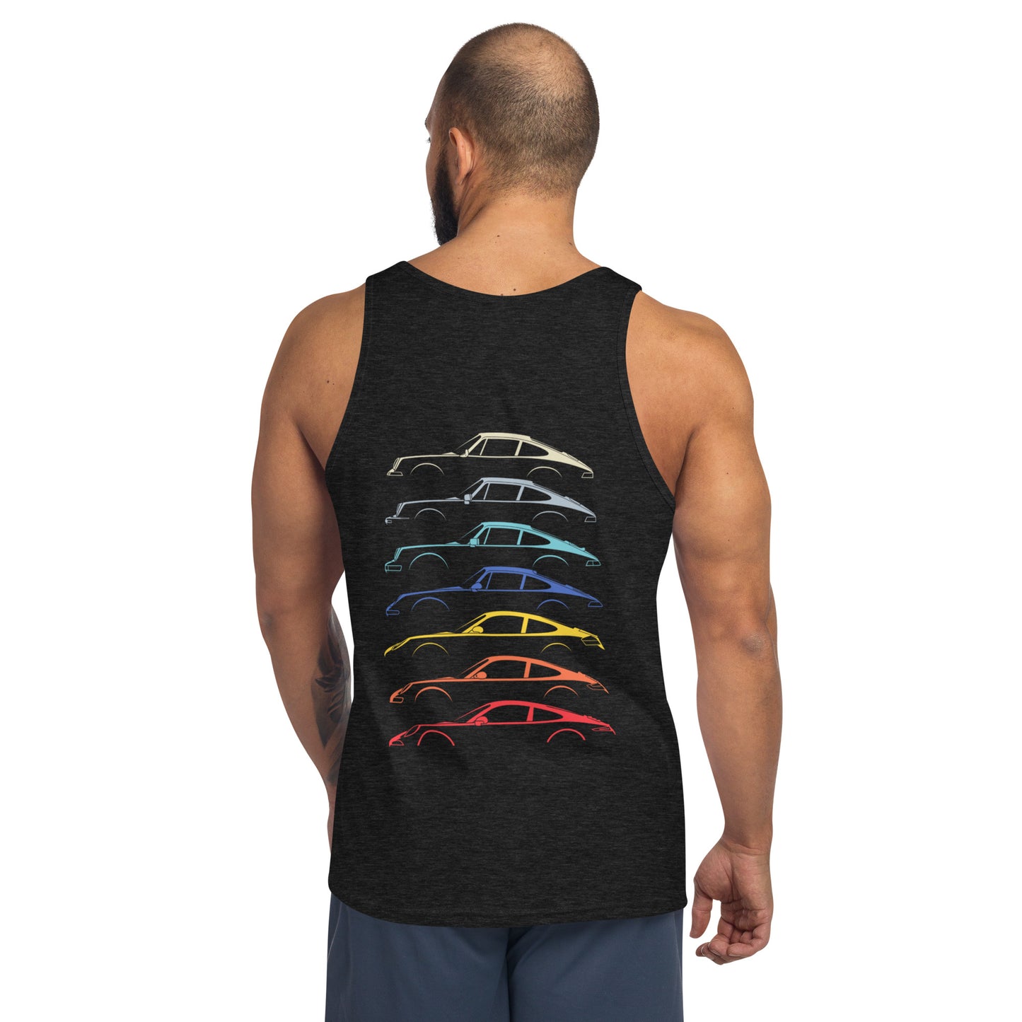 Charcoal black tank top with car silouttes on the back