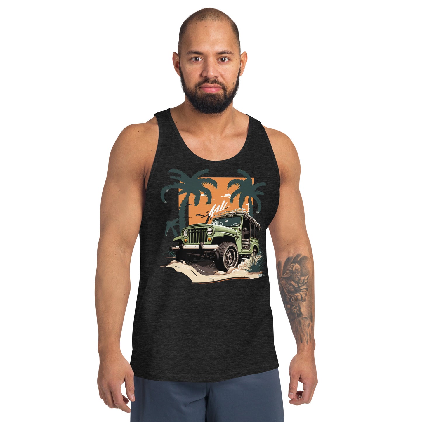 man with black tank top with picture of jeep in front of palm trees