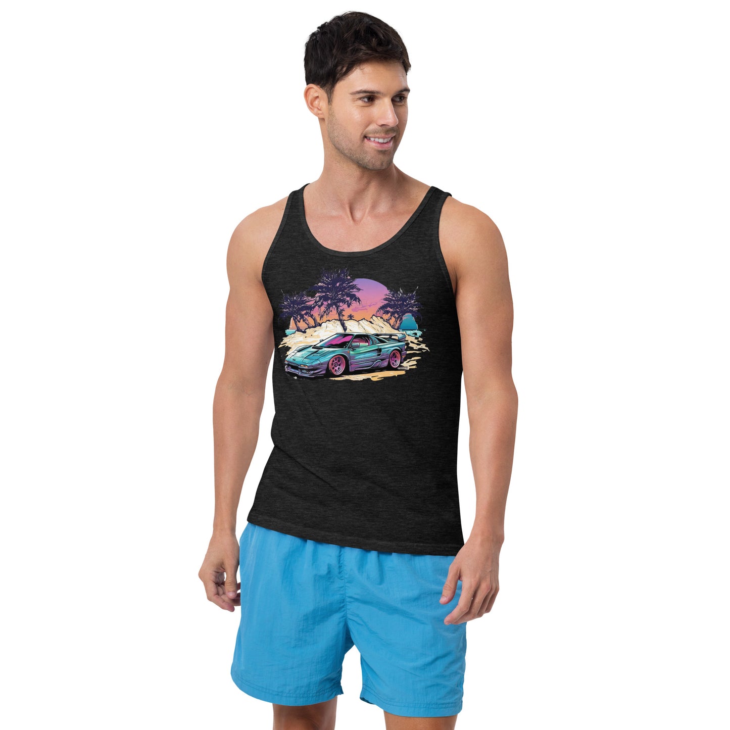man with black tank top with picture of vintage car in front of palm trees