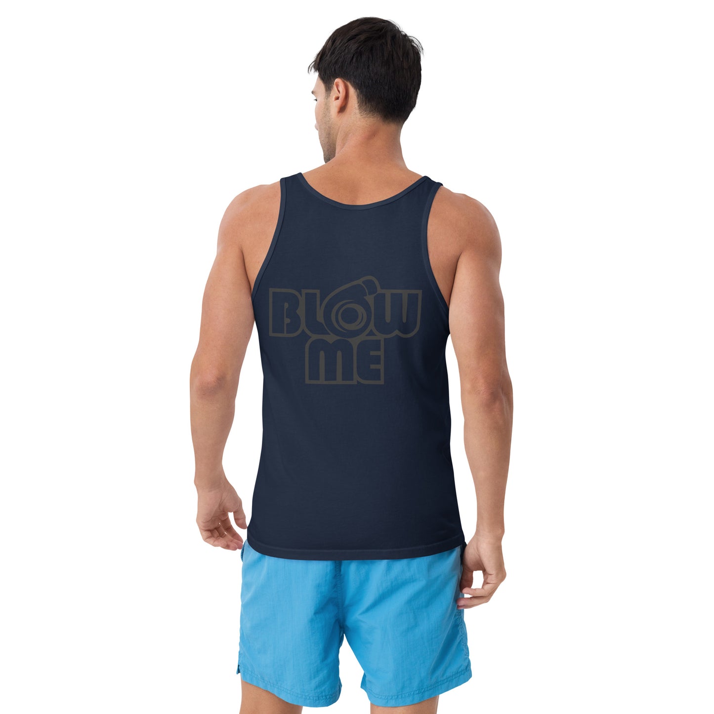 Men with navy tank top with the tekst Blow me, turbo compressor on the back