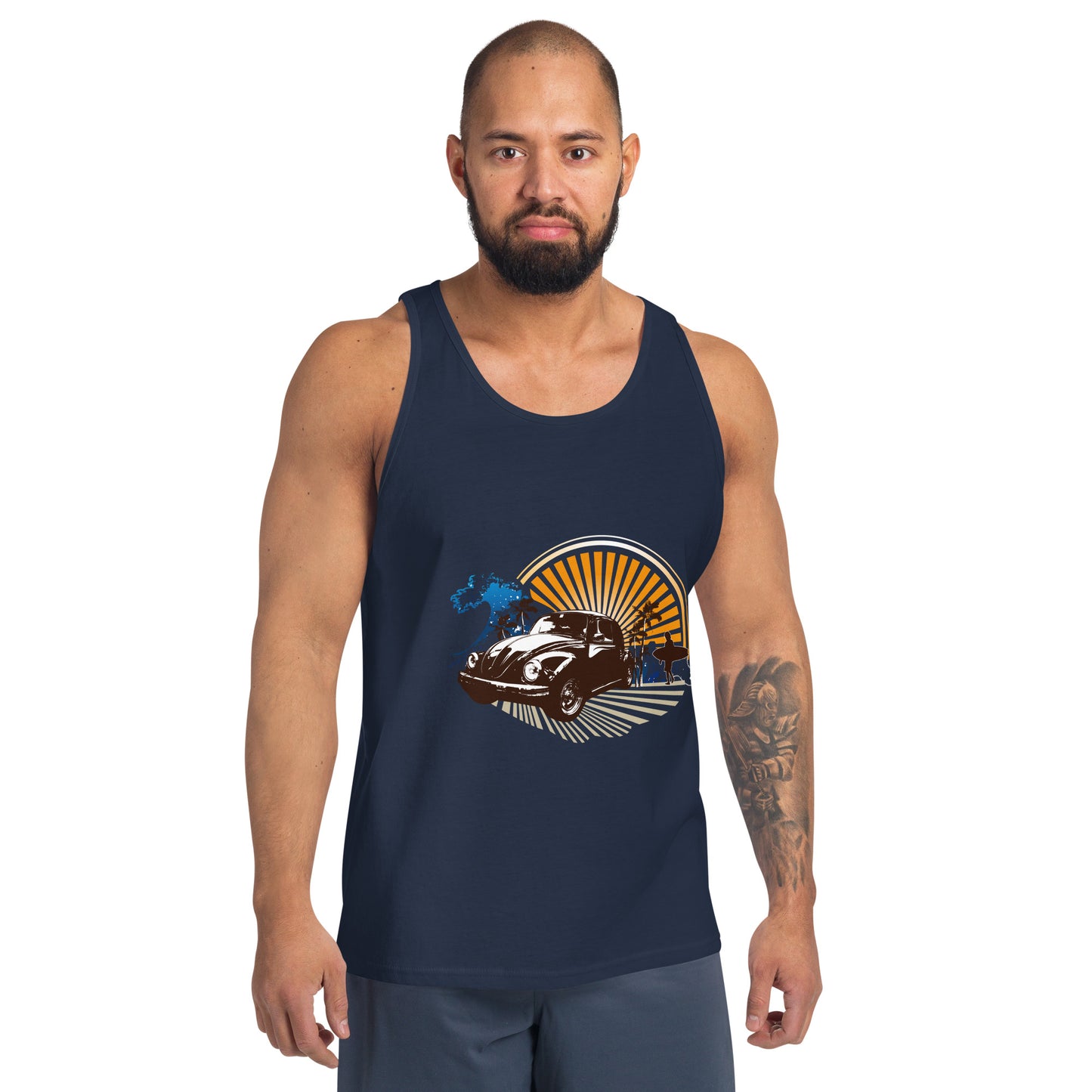 Men with navy blue tank top with sunset and beetle car