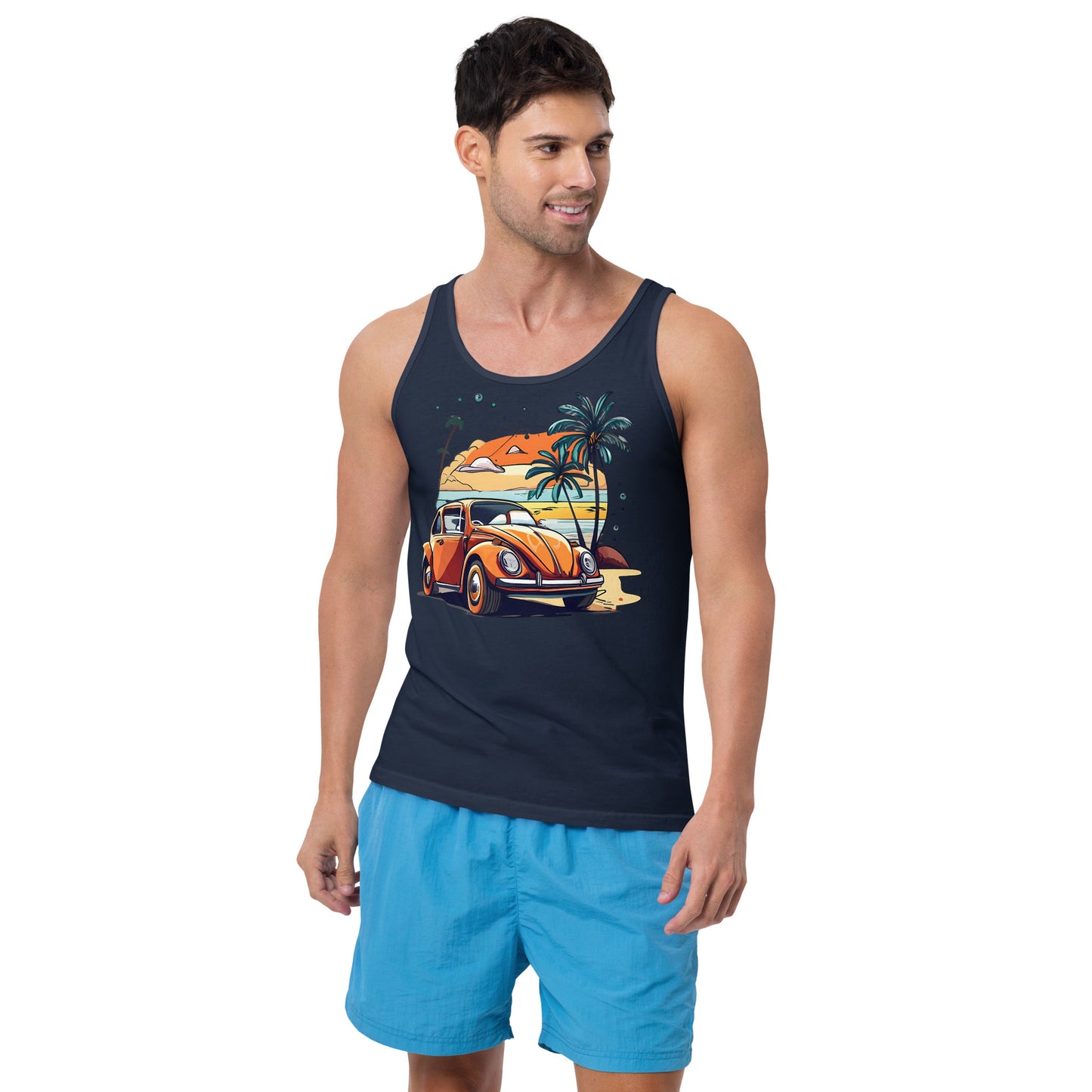man with navy blue tank top with picture of beetle car in front of palm trees