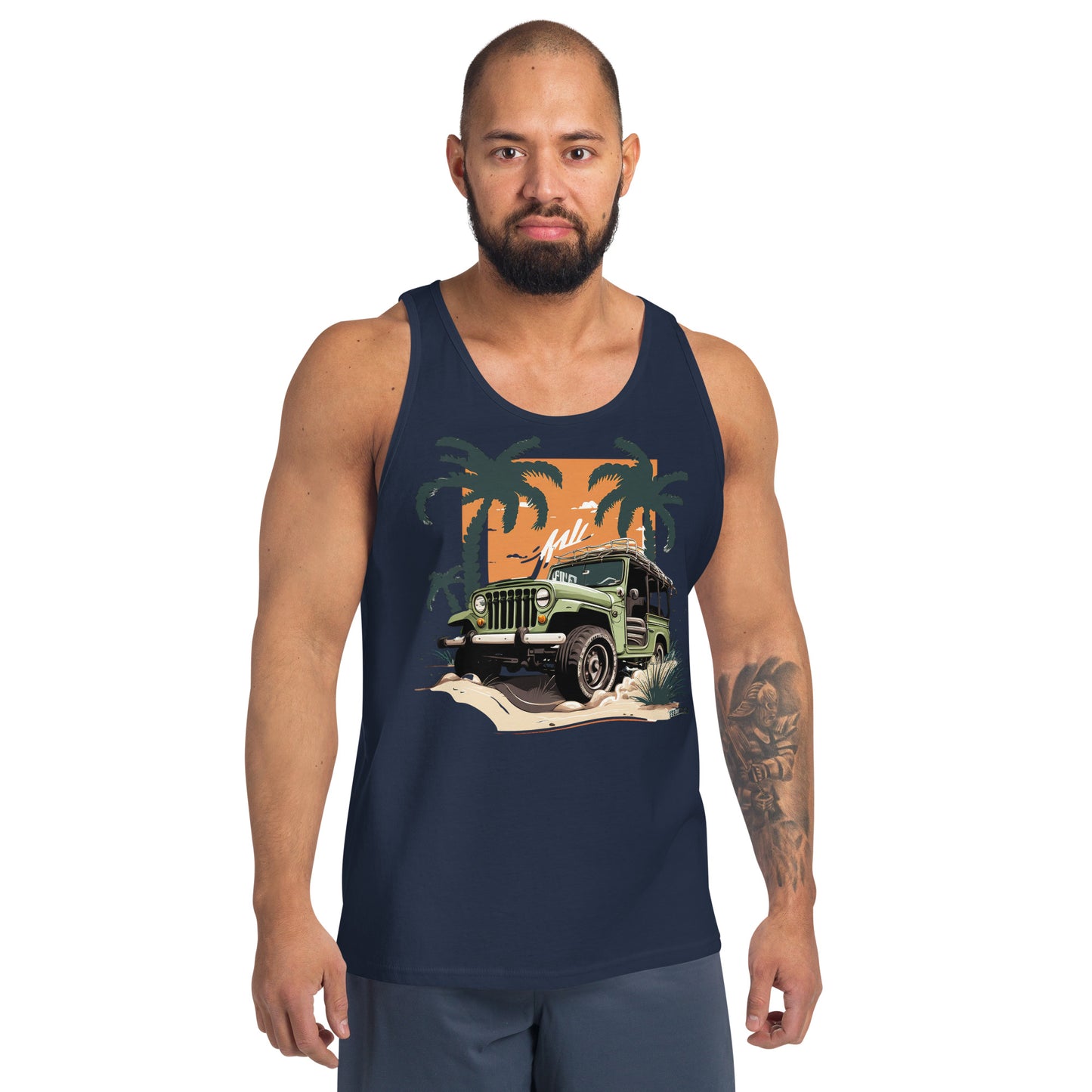 man with navy blue tank top with picture of jeep in front of palm trees 