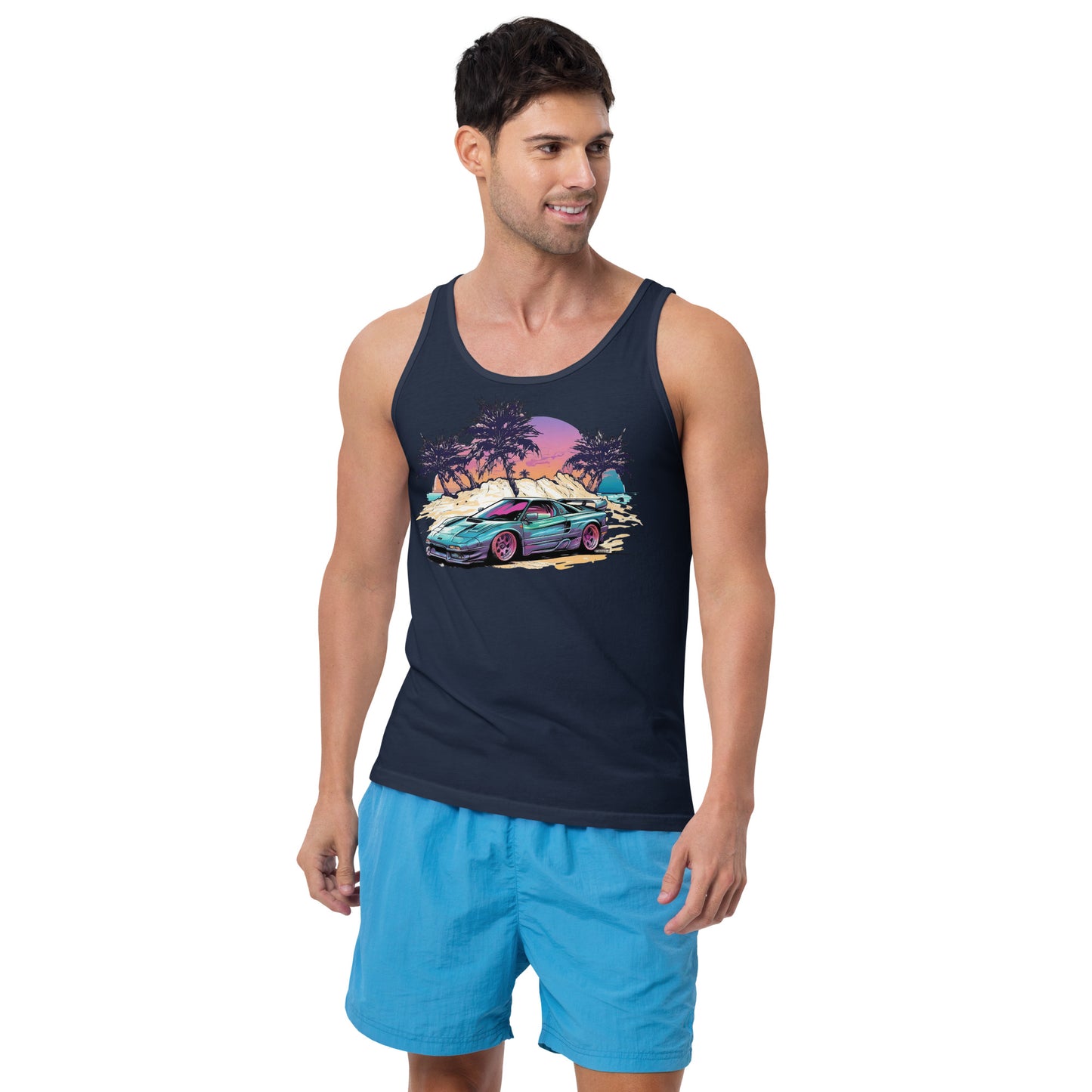 man with navy blue tank top with picture of vintage car in front of palm trees