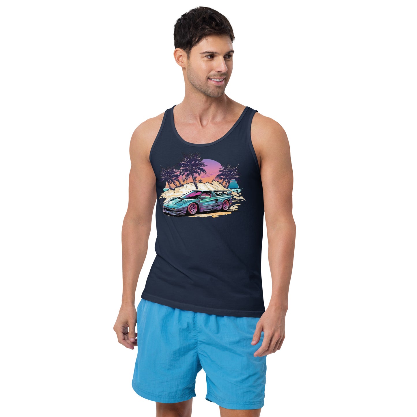 man with navy blue tank top with picture of vintage car in front of palm trees 