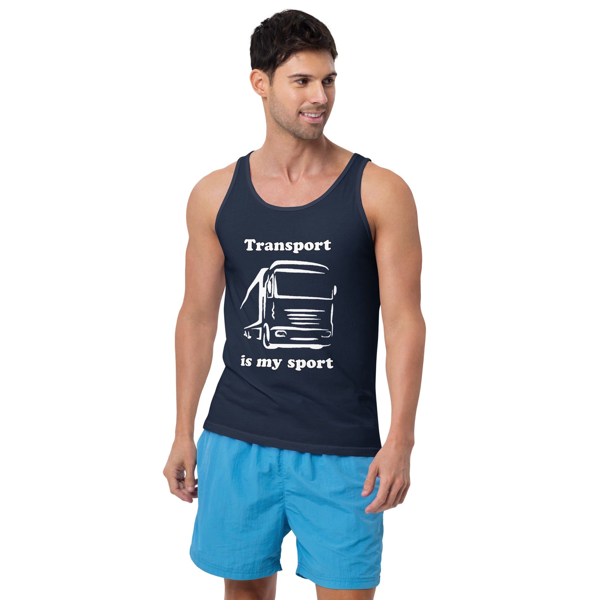 Man with navy blue tank top with picture of truck and text "Transport is my sport"