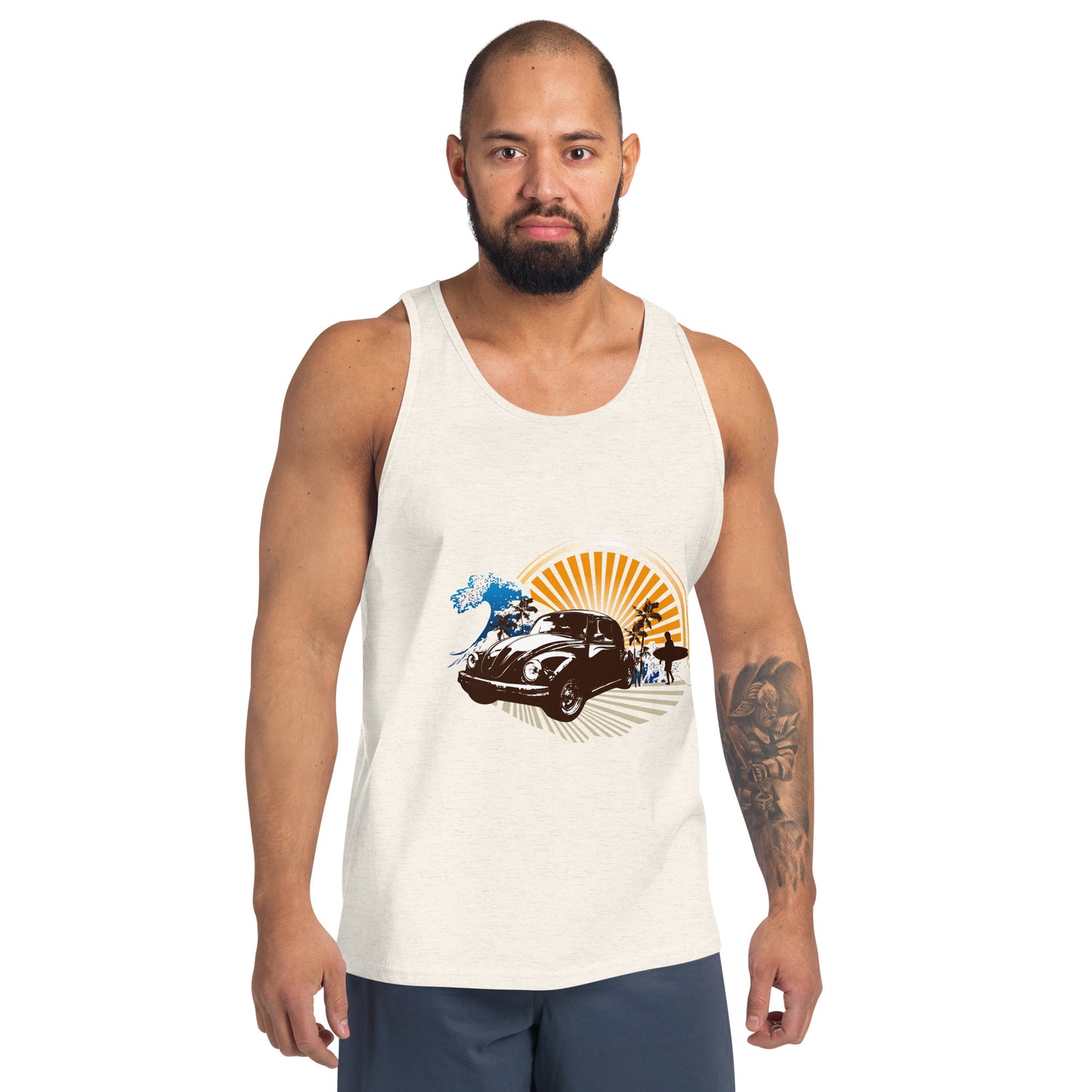 Men with oatmeal tank top with sunset and beetle car