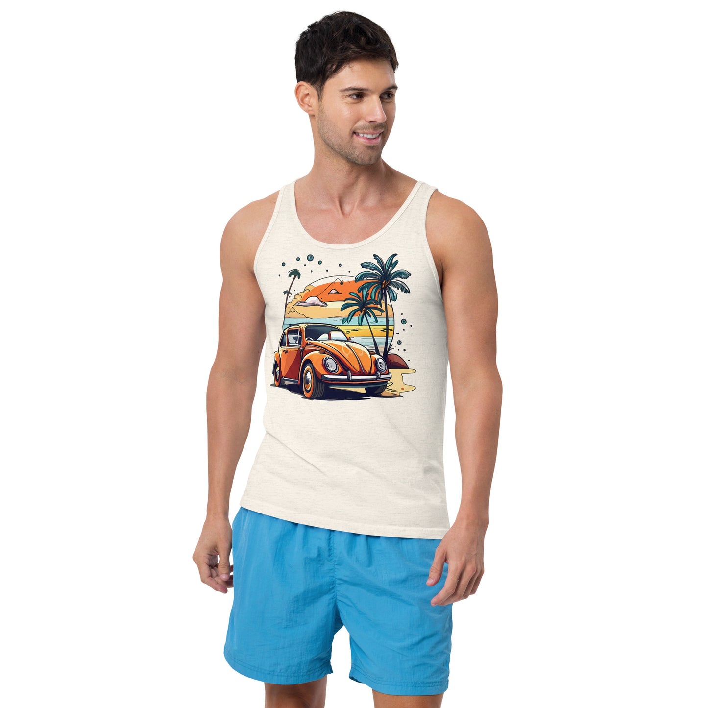 man with oatmeal tank top with picture of beetle car in front of palm trees 