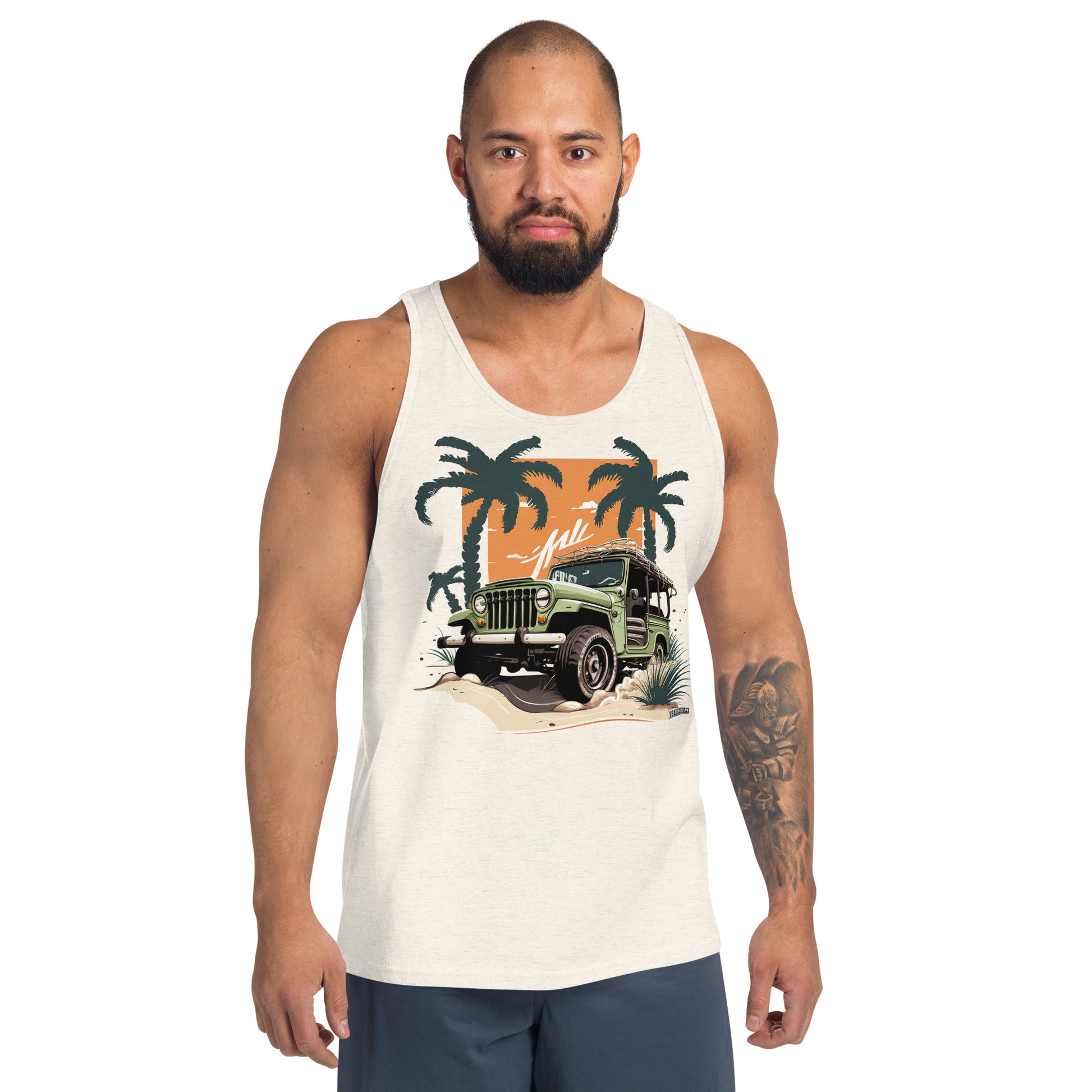 man with oatmeal tank top with picture of jeep in front of palm trees 
