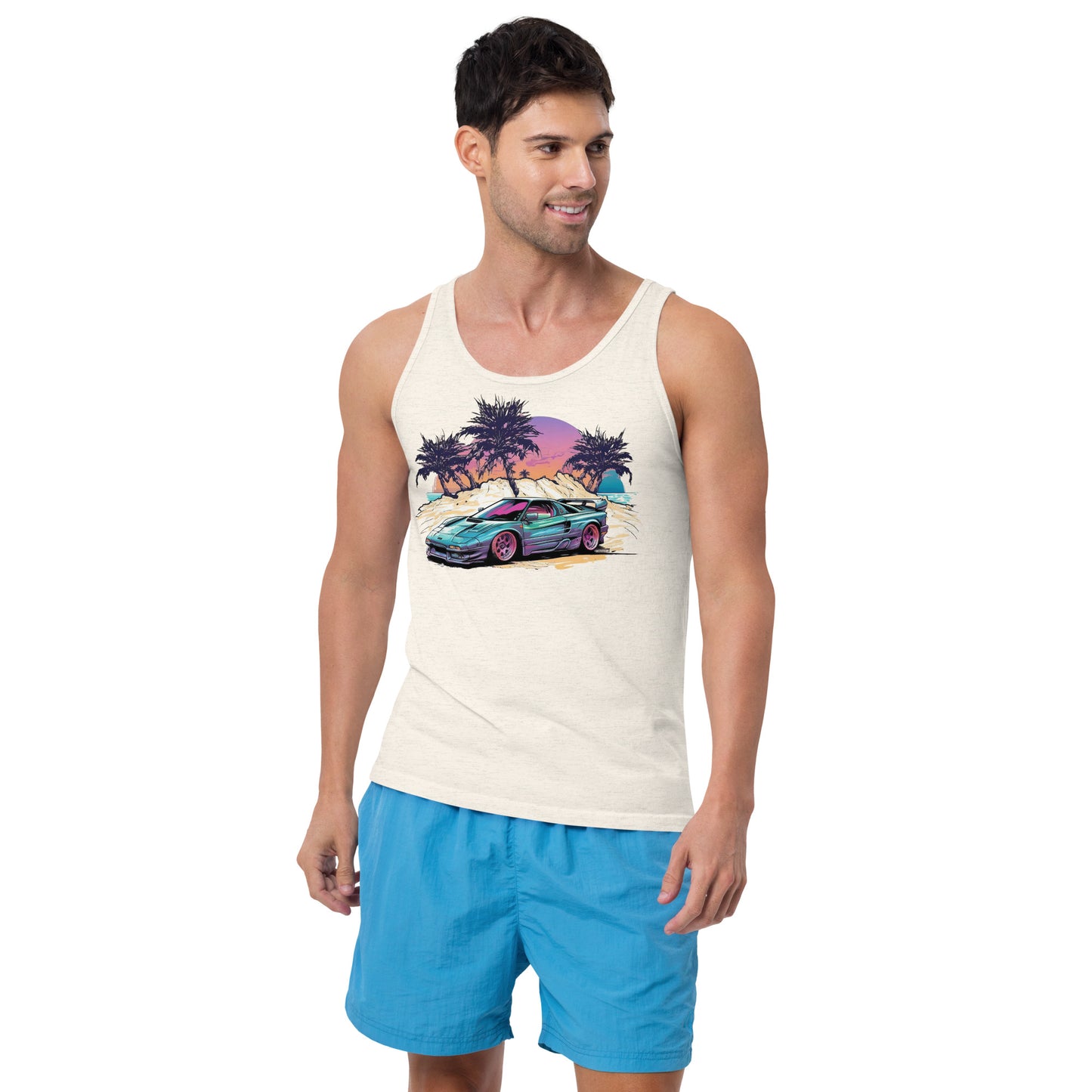 man with oatmeal tank top with picture of vintage car in front of palm trees