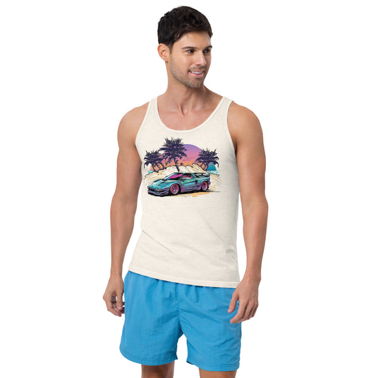 man with oatmeal tank top with picture of vintage car in front of palm trees 
