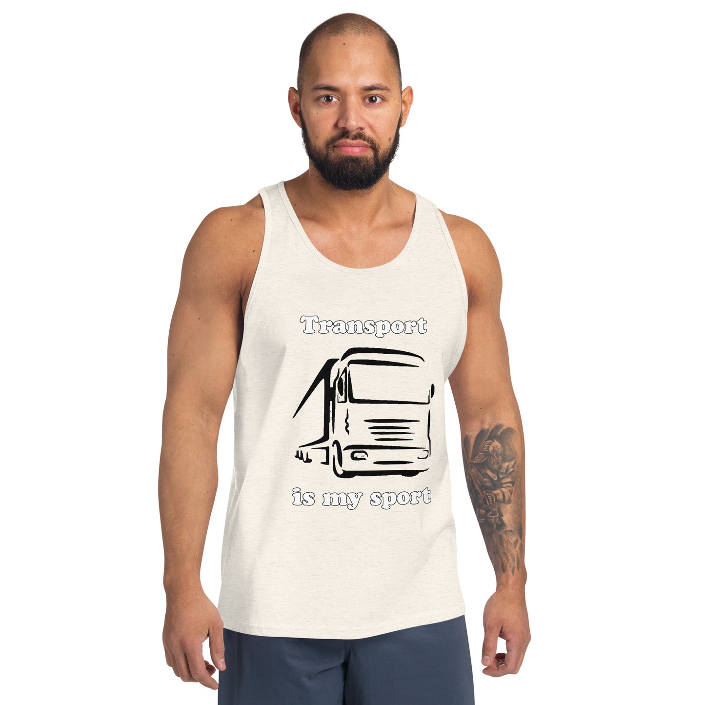 Man with oatmeal tank top with picture of truck and text "Transport is my sport"