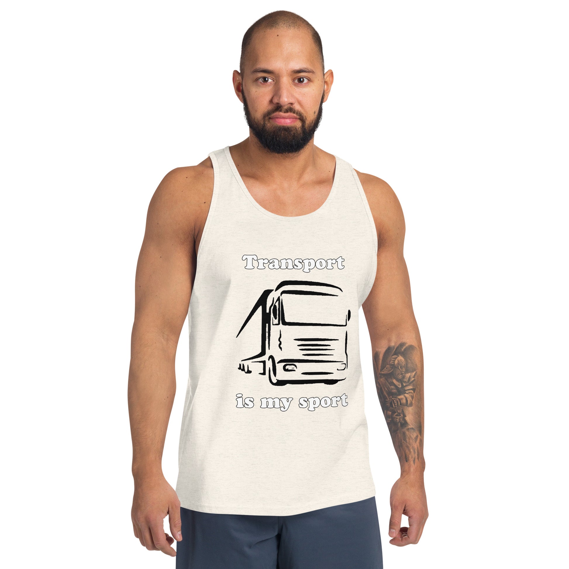 Man with oatmeal tank top with picture of truck and text "Transport is my sport"