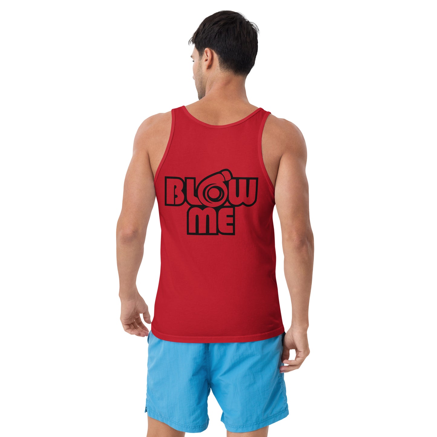 Men with red tank top with the tekst Blow me, turbo compressor on the back