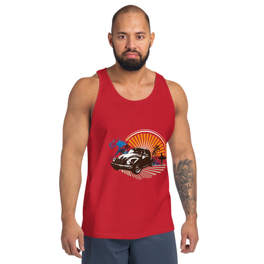 Men with red tank top with sunset and beetle car