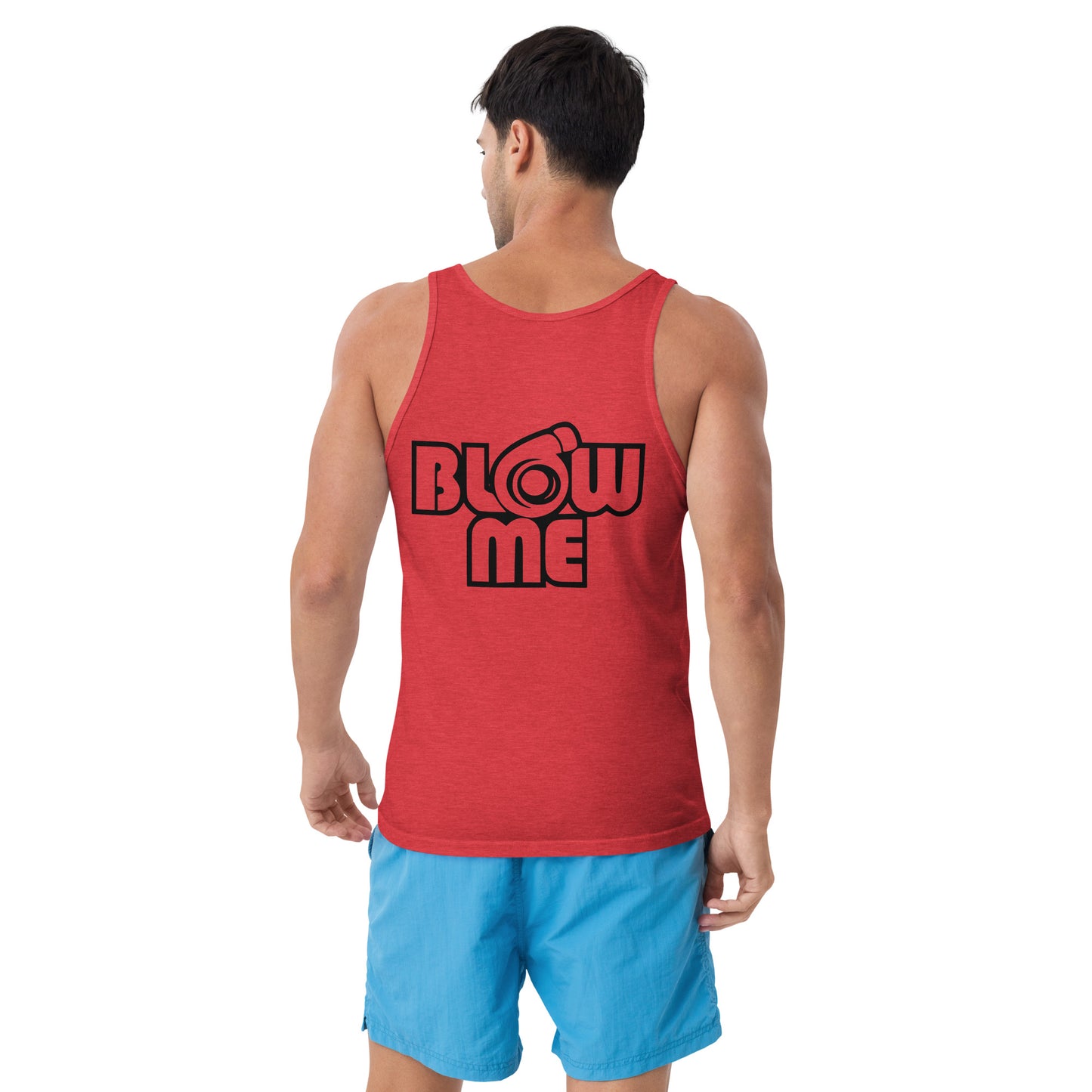 Men with red triblend tank top with the tekst Blow me, turbo compressor on the back