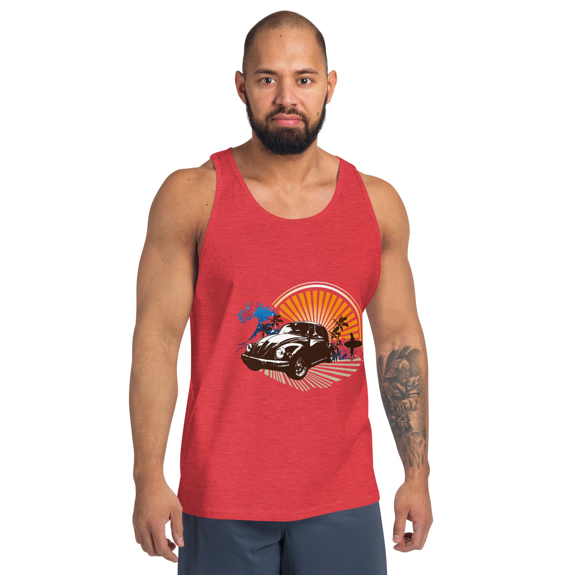 Men with red tank top with sunset and beetle car