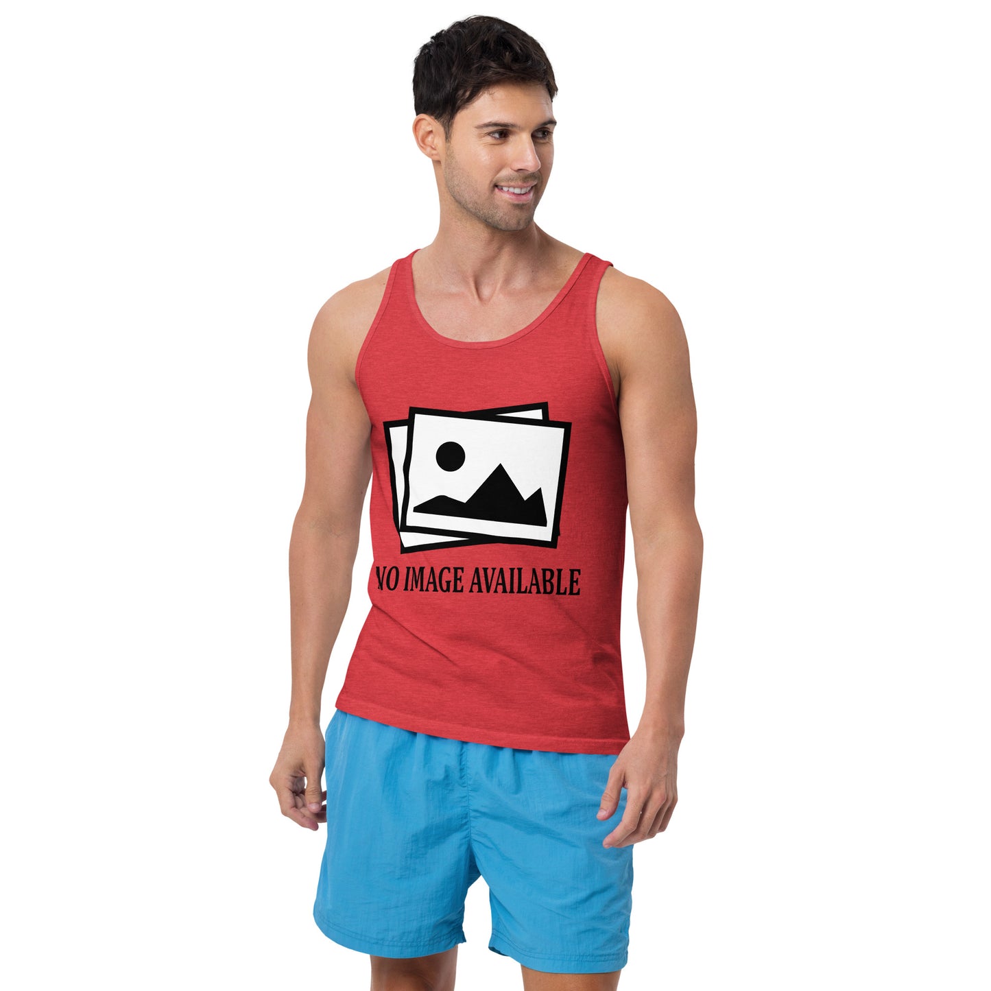 Men with red tank top with image and text "no image available"