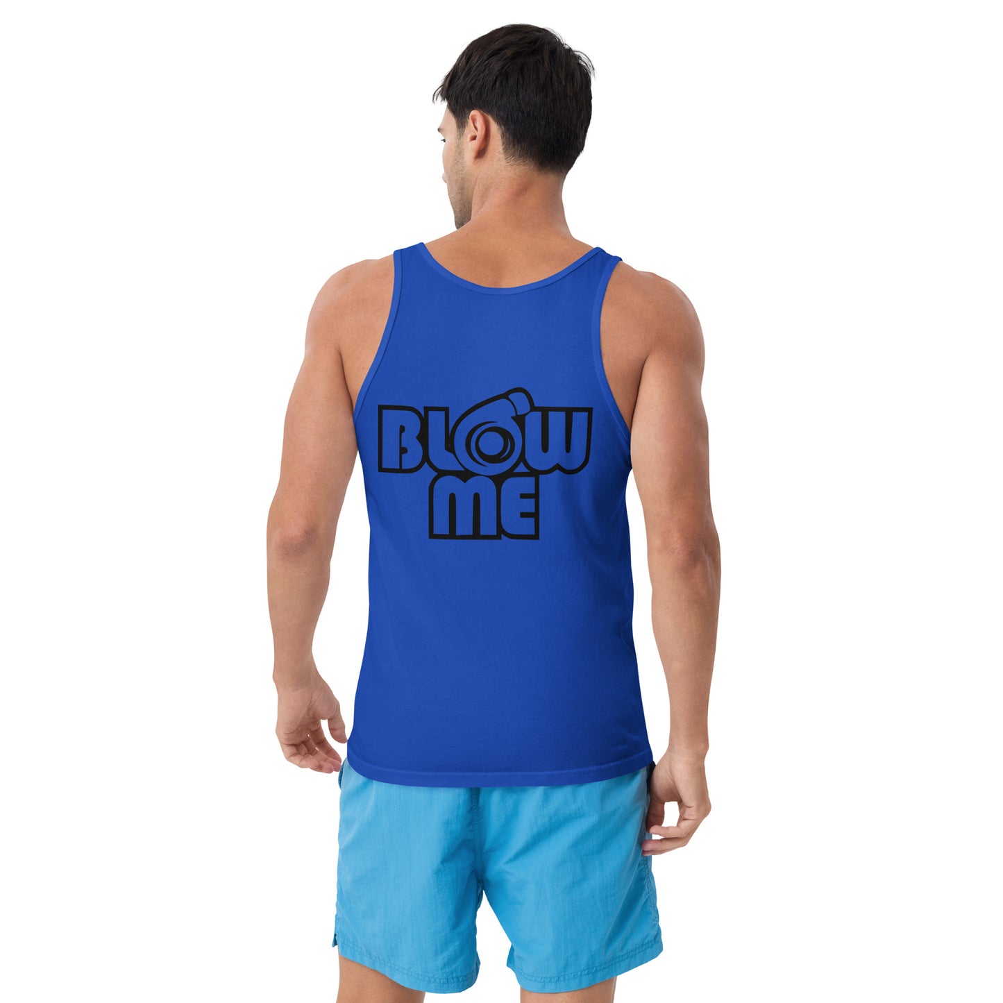 Men with royal blue tank top with the tekst Blow me, turbo compressor on the back