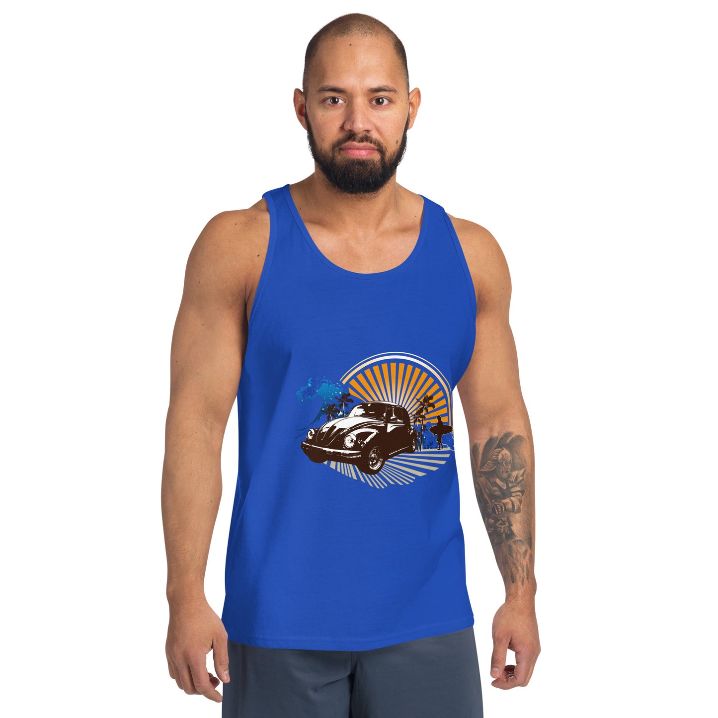 Men with royal blue tank top with sunset and beetle car