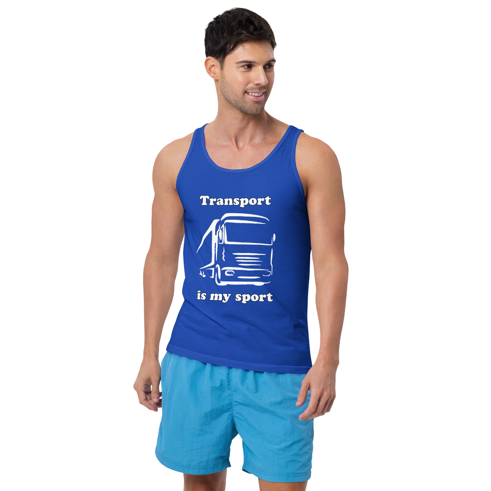 Man with royal blue tank top with picture of truck and text "Transport is my sport"
