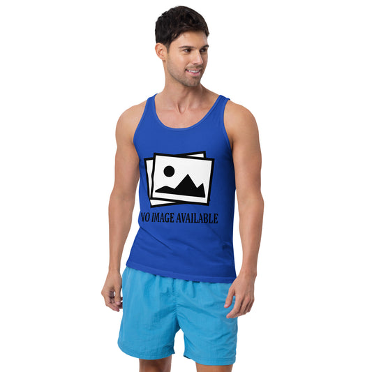 Men with royal blue tank top with image and text "no image available"