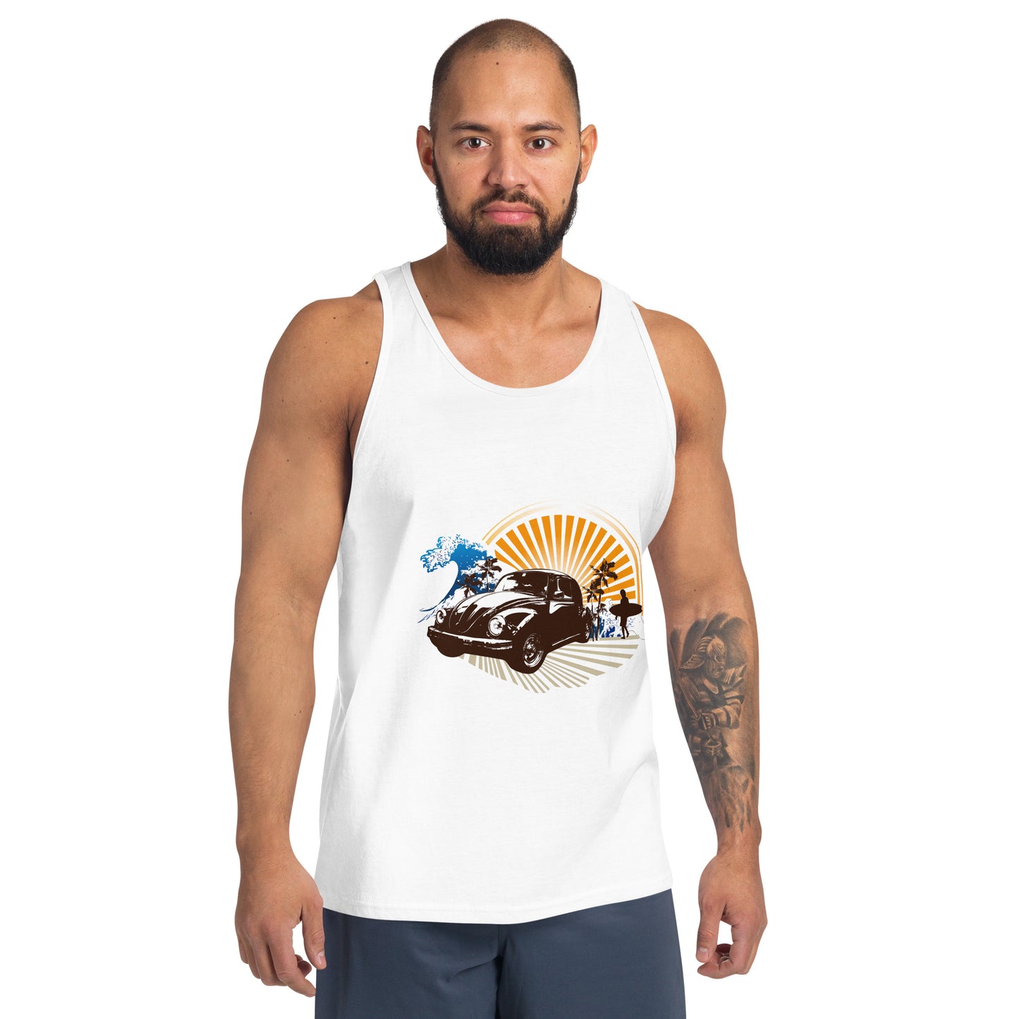 Men with white tank top with sunset and beetle car