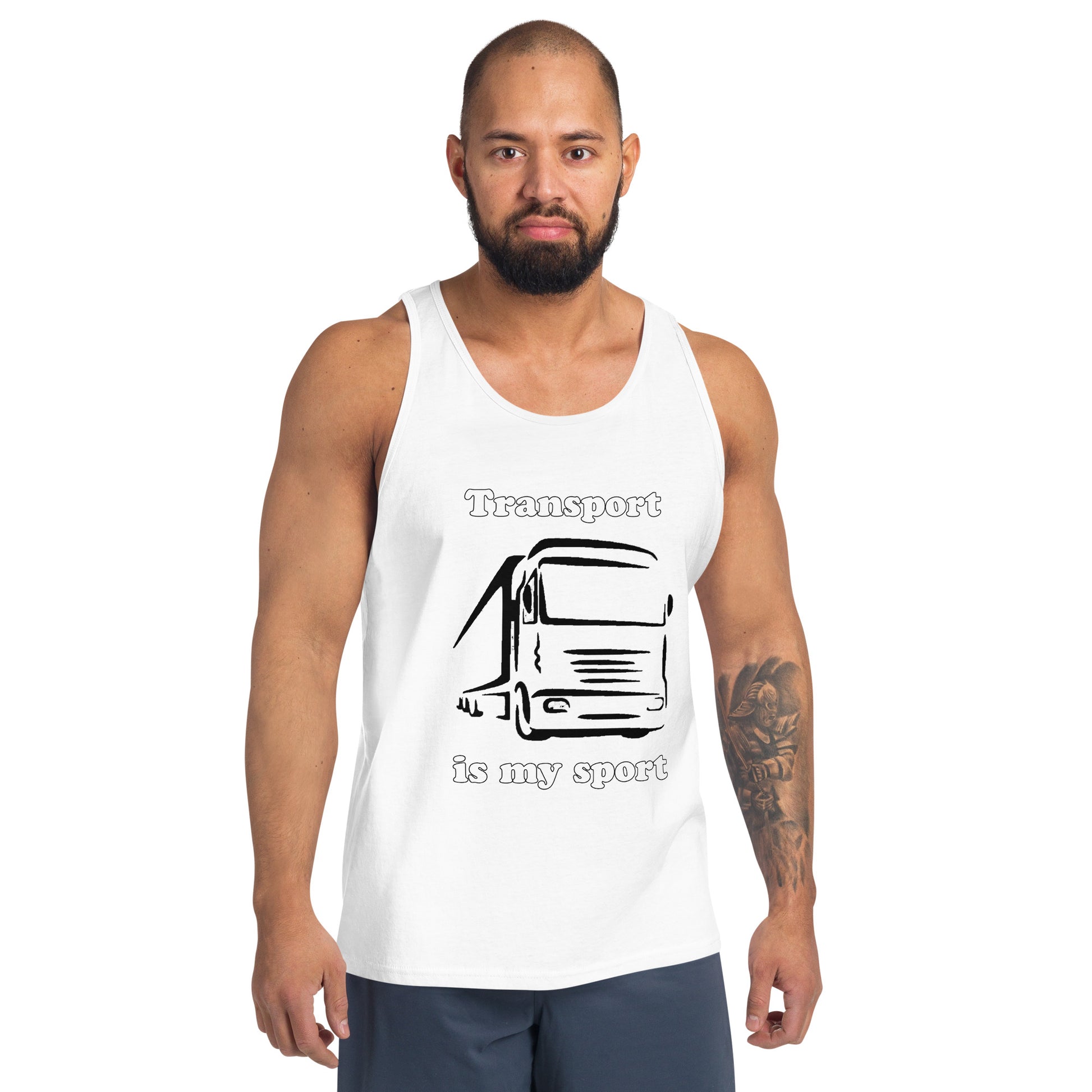 Man with white tank top with picture of truck and text "Transport is my sport"