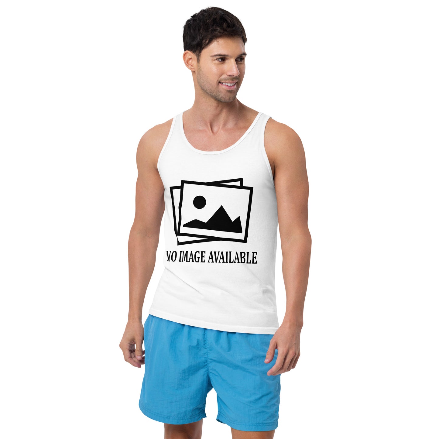 Men with white tank top with image and text "no image available"
