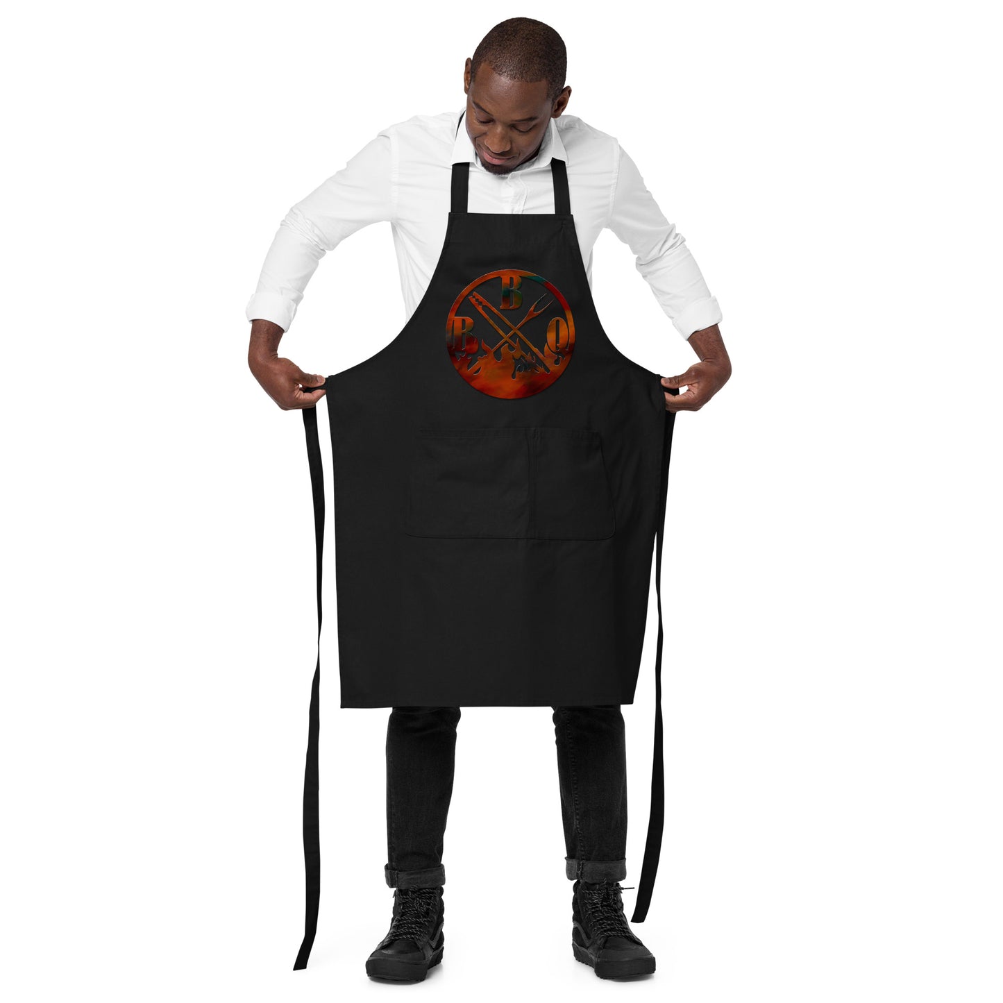 black apron with meat fork and text "BBQ"