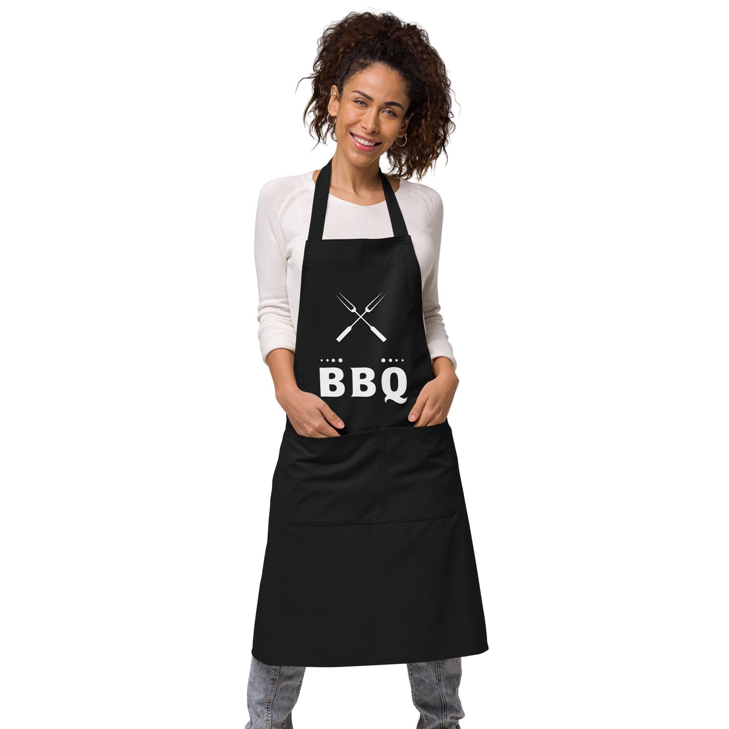 black apron with meat fork and text "BBQ"