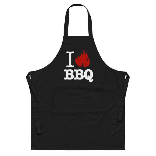 black apron with text "I love BBQ"