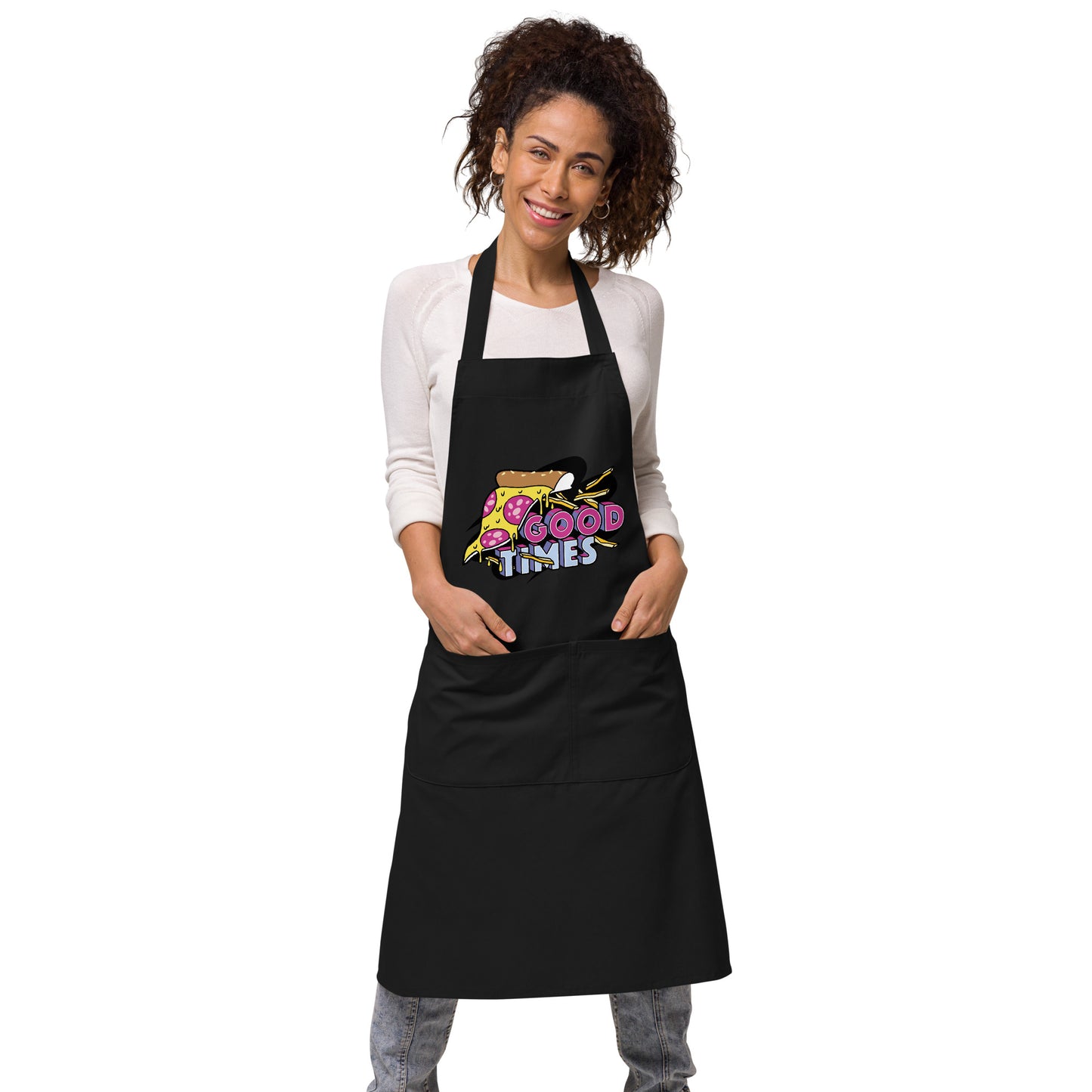 black apron with pizza and text "Good times"