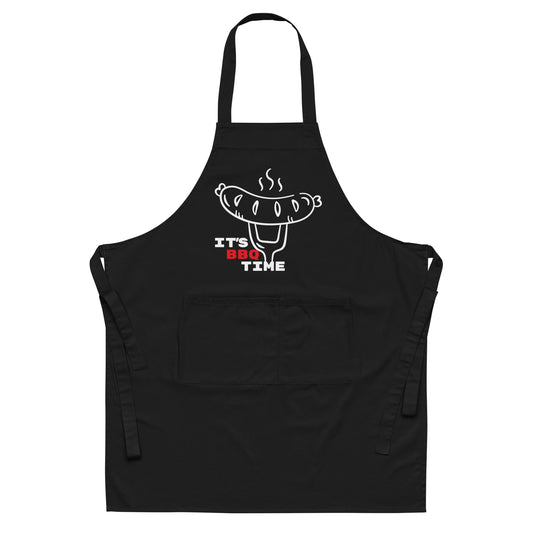 black apron with sausage on fork and text "it's BBQ time"