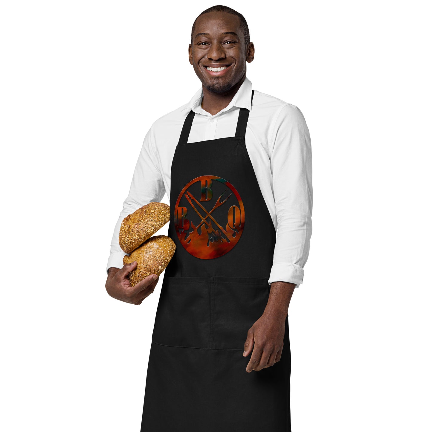 black apron with meat fork and text "BBQ"
