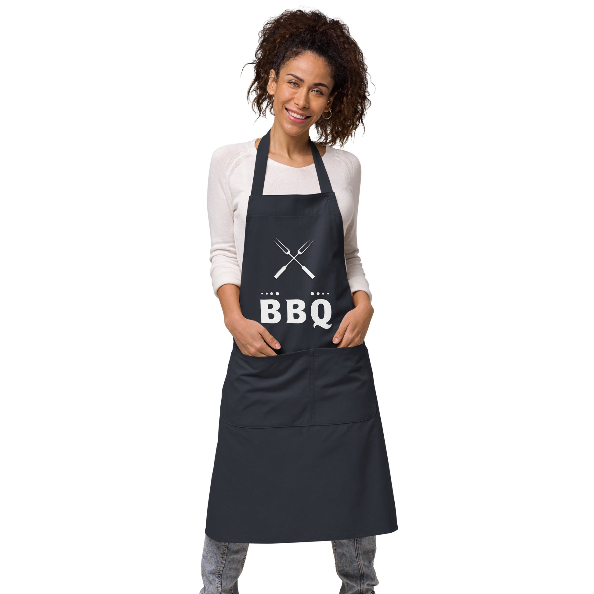 navy blue apron with meat fork and text "BBQ"