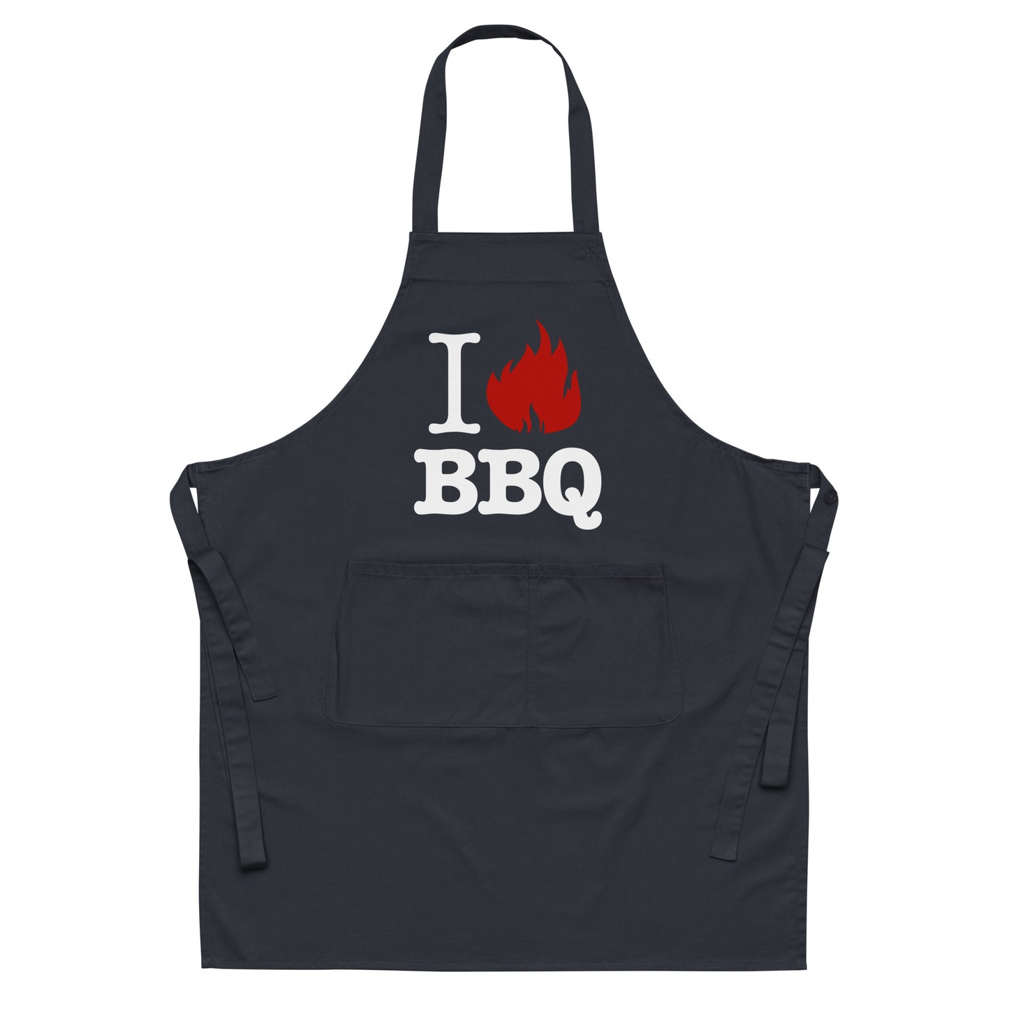 navy blue apron with text "I love BBQ"